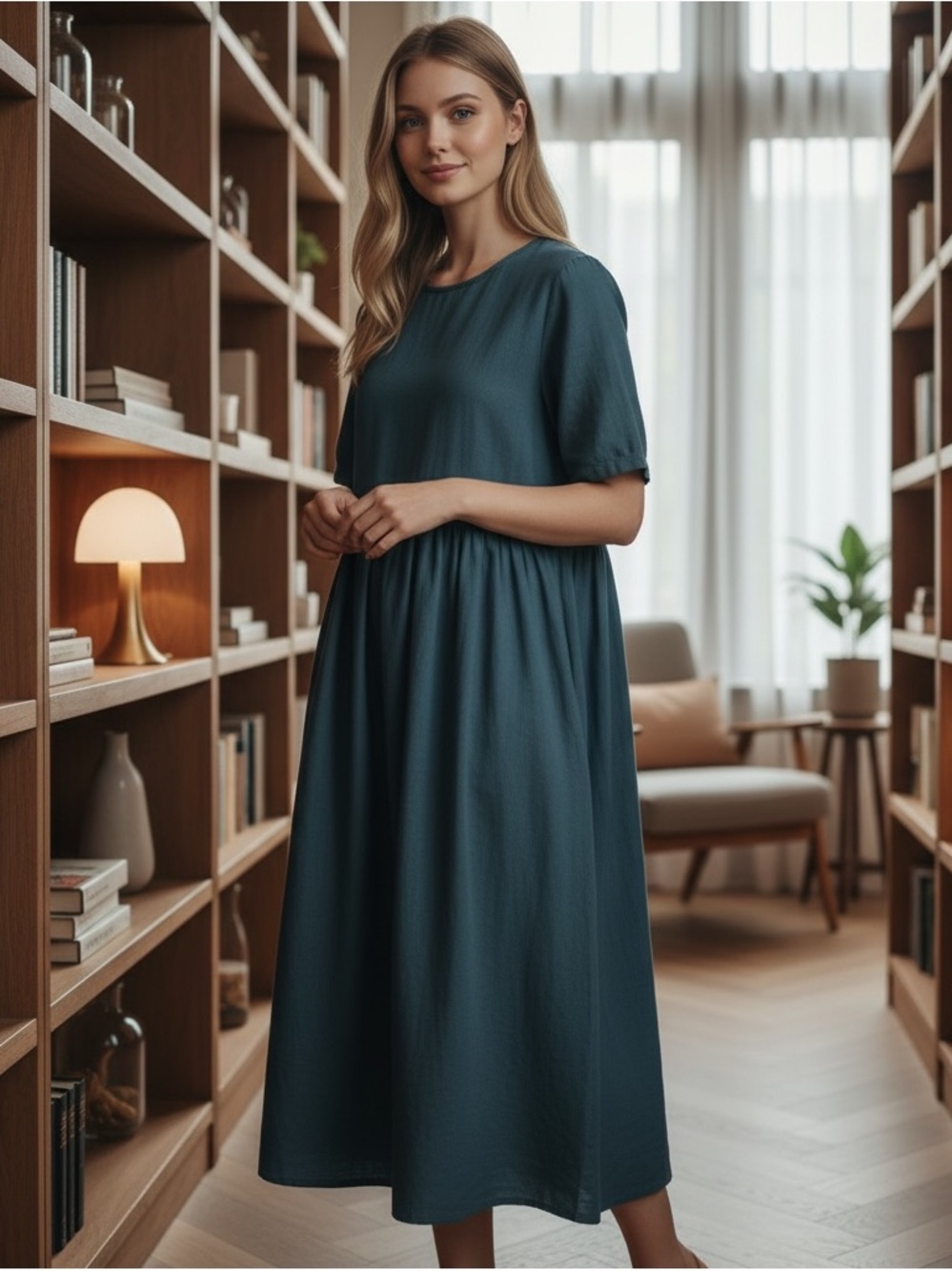 Women short sleeve blue medi dress